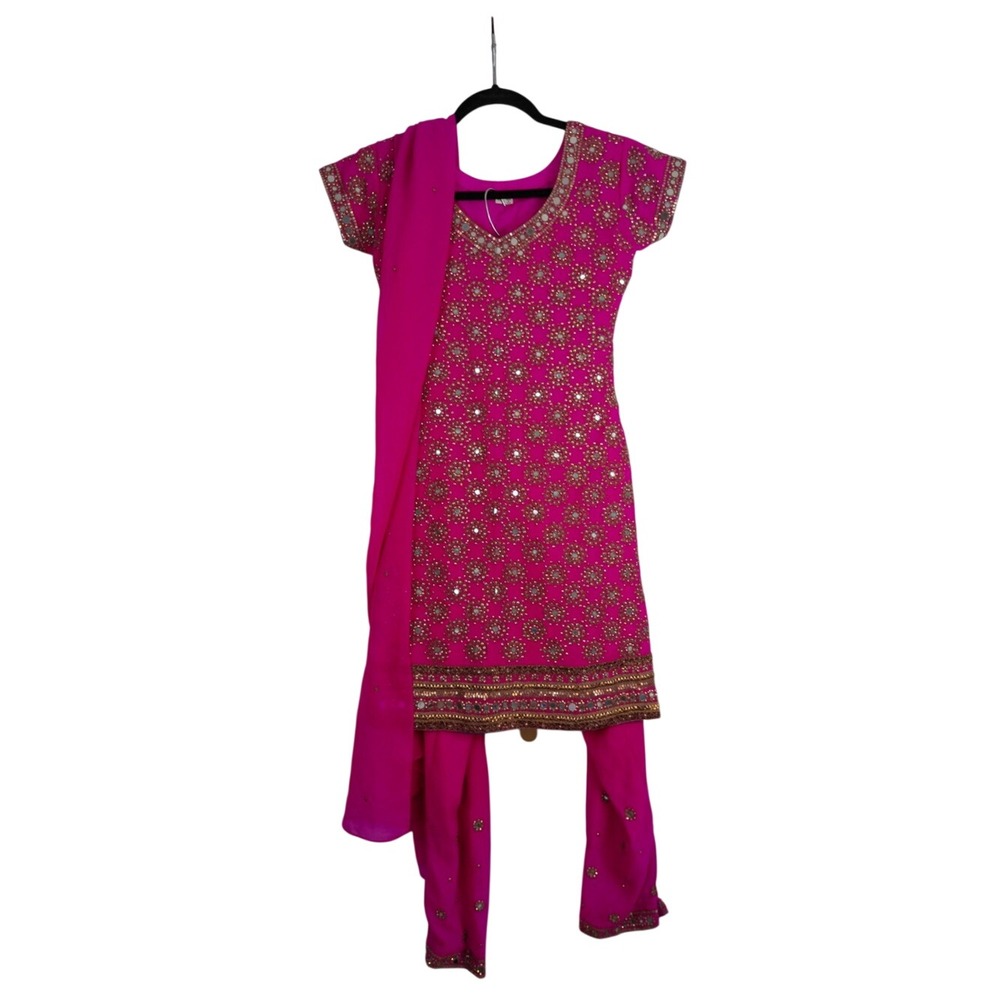 Three Piece Palazzo Set Hot Pink Gold Embroidered‎ Dress Pants Scarf XS